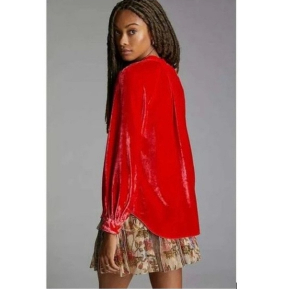 Anthropologie Pilcro Puff-Sleeved Velvet Buttondown Red‎ / Rouge  Size Medium MP - Picture 3 of 16